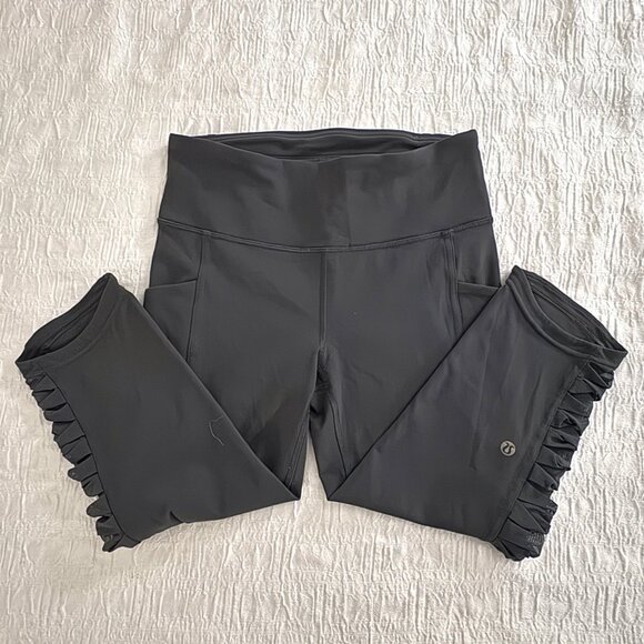 Lululemon Sharp Turns Crop 17" Luxtreme Blue Tied Grey Ruched Running Leggings 4 - Picture 4 of 13